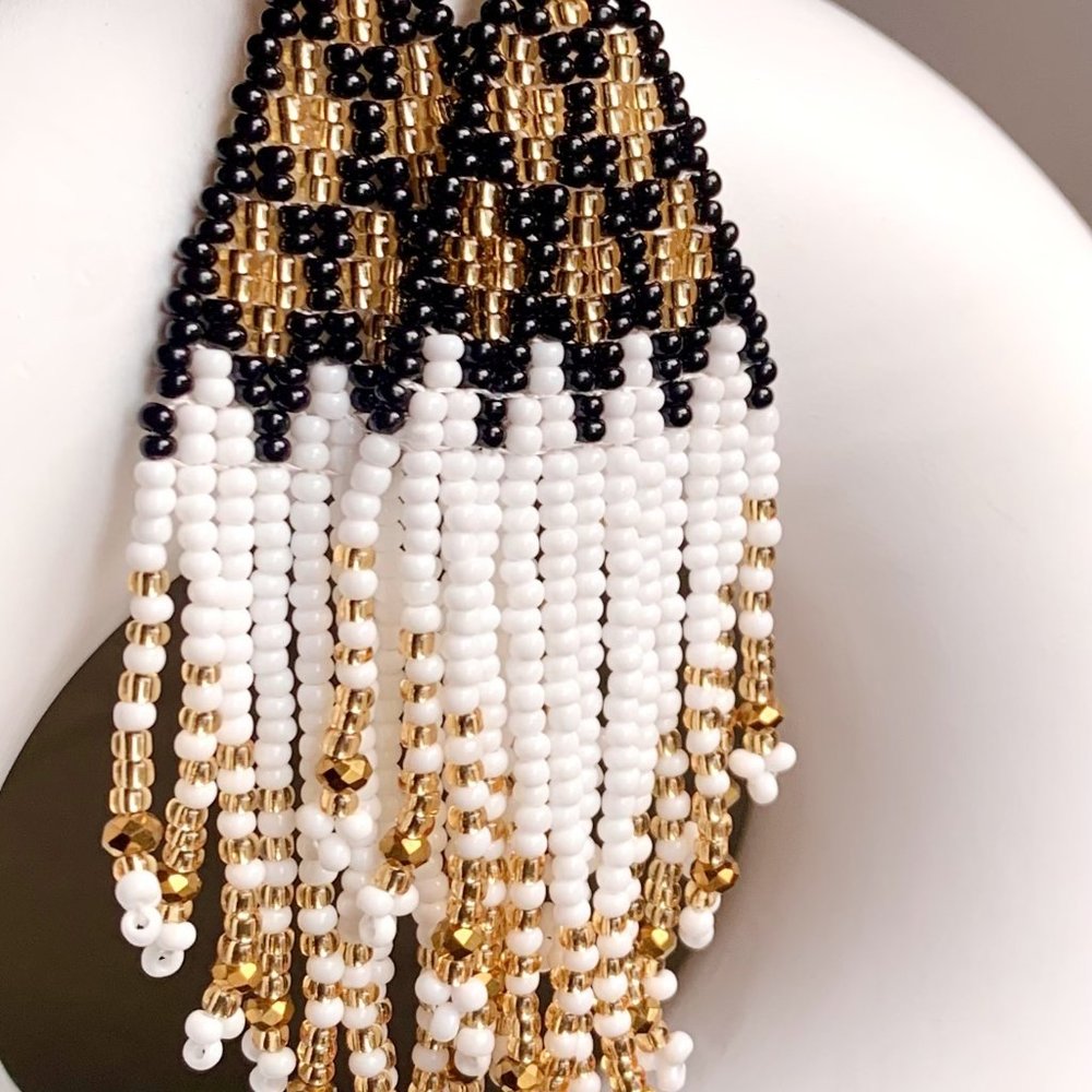 Gold White Black Glass Seed Bead Hand Beaded Chandelier Tassel Dangle Earrings